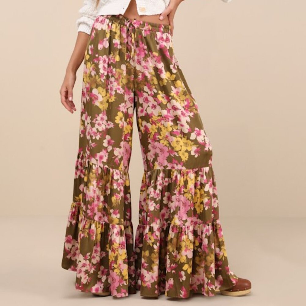 Lulus Sweeter Sunsets Olive Green Floral Satin Tiered Wide-leg Pants
